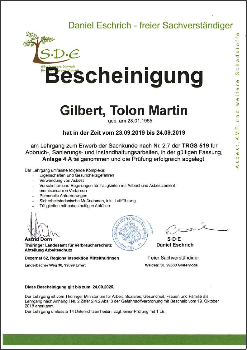 Zertifikat TRGS 519 T. Gilbert